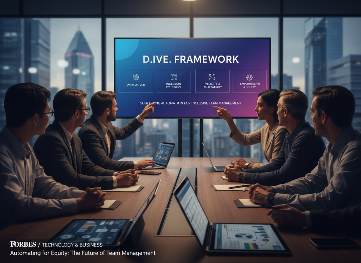 Diverse team in conference room viewing 'D.I.V.E. Framework' presentation, symbolizing technology-driven inclusivity.