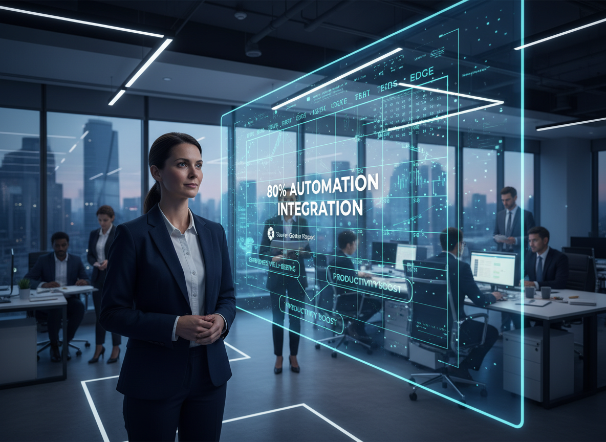 Modern office with holographic AI scheduling display, showing 80% automation integration, in cool lighting.