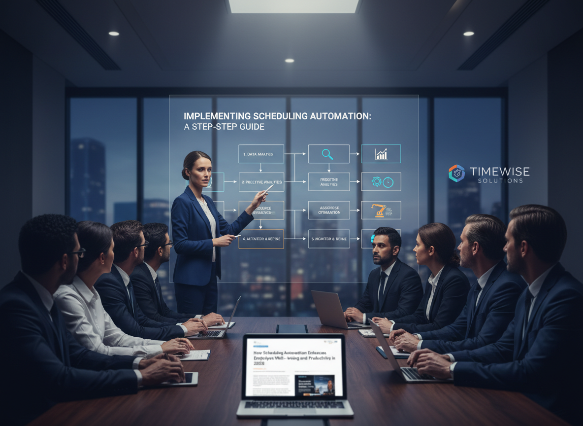 Conference room with team leader outlining scheduling automation steps on interactive whiteboard, focused lighting.