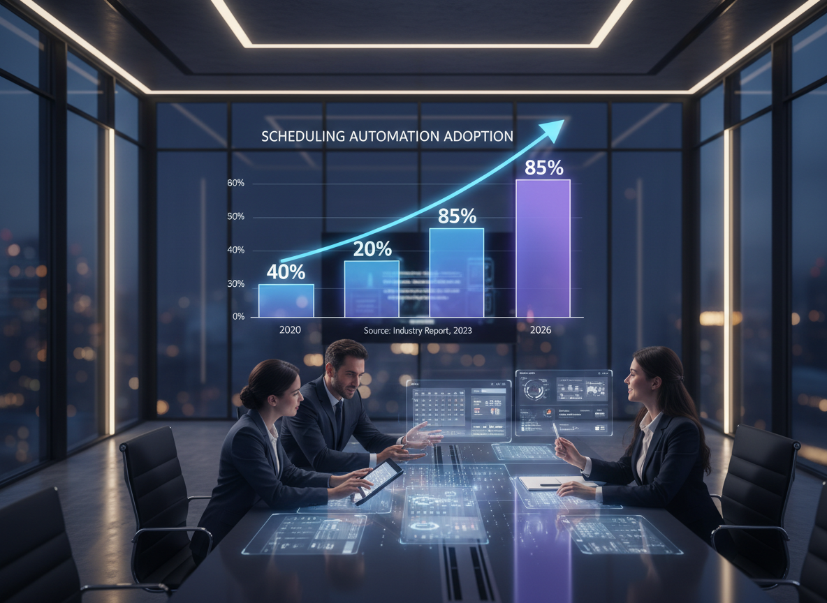 Graph showing rise in scheduling automation from 40% in 2020 to 85% in 2026 in a modern office setting