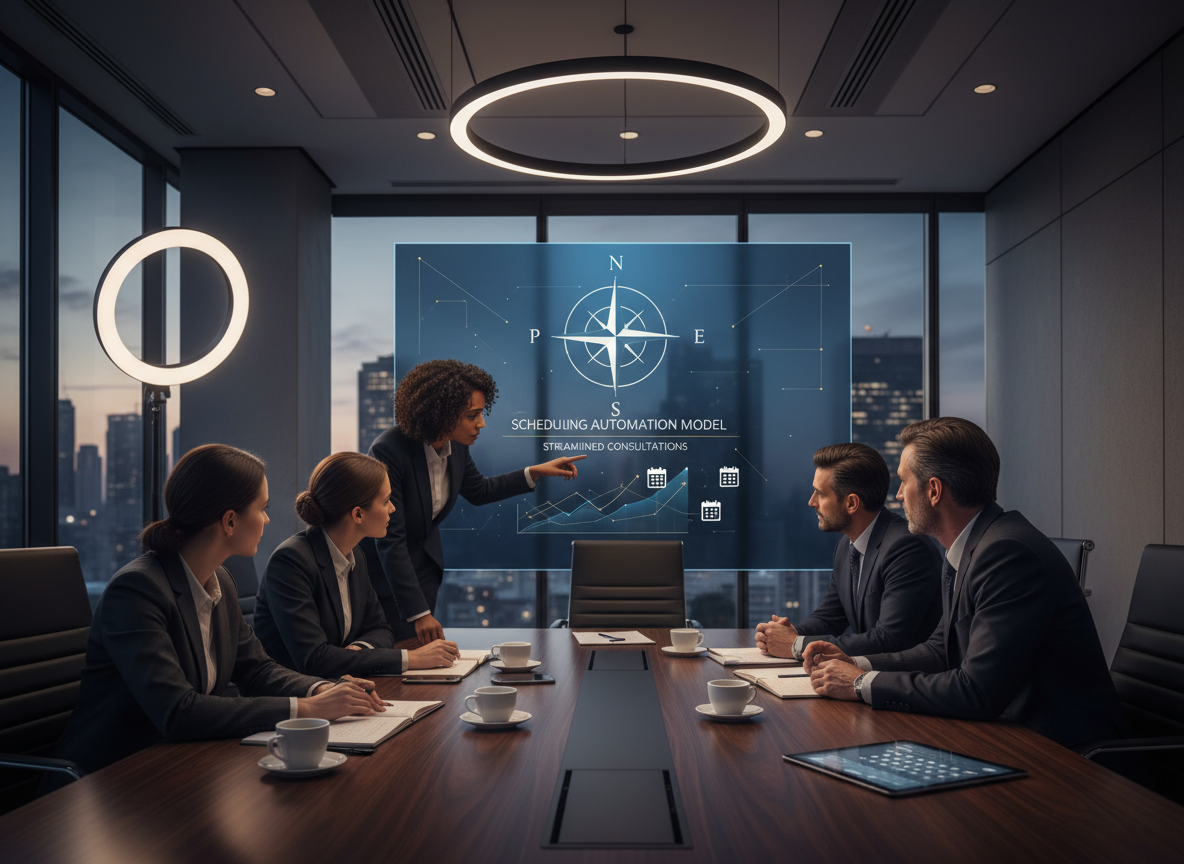 Boardroom with team discussing PACE Model for scheduling automation, compass icon in the display