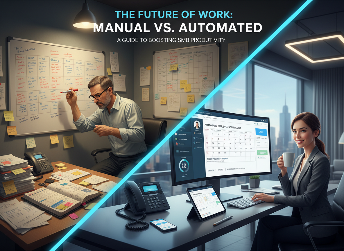 Office scene contrasting manual scheduling with automated solutions, highlighting productivity gains.