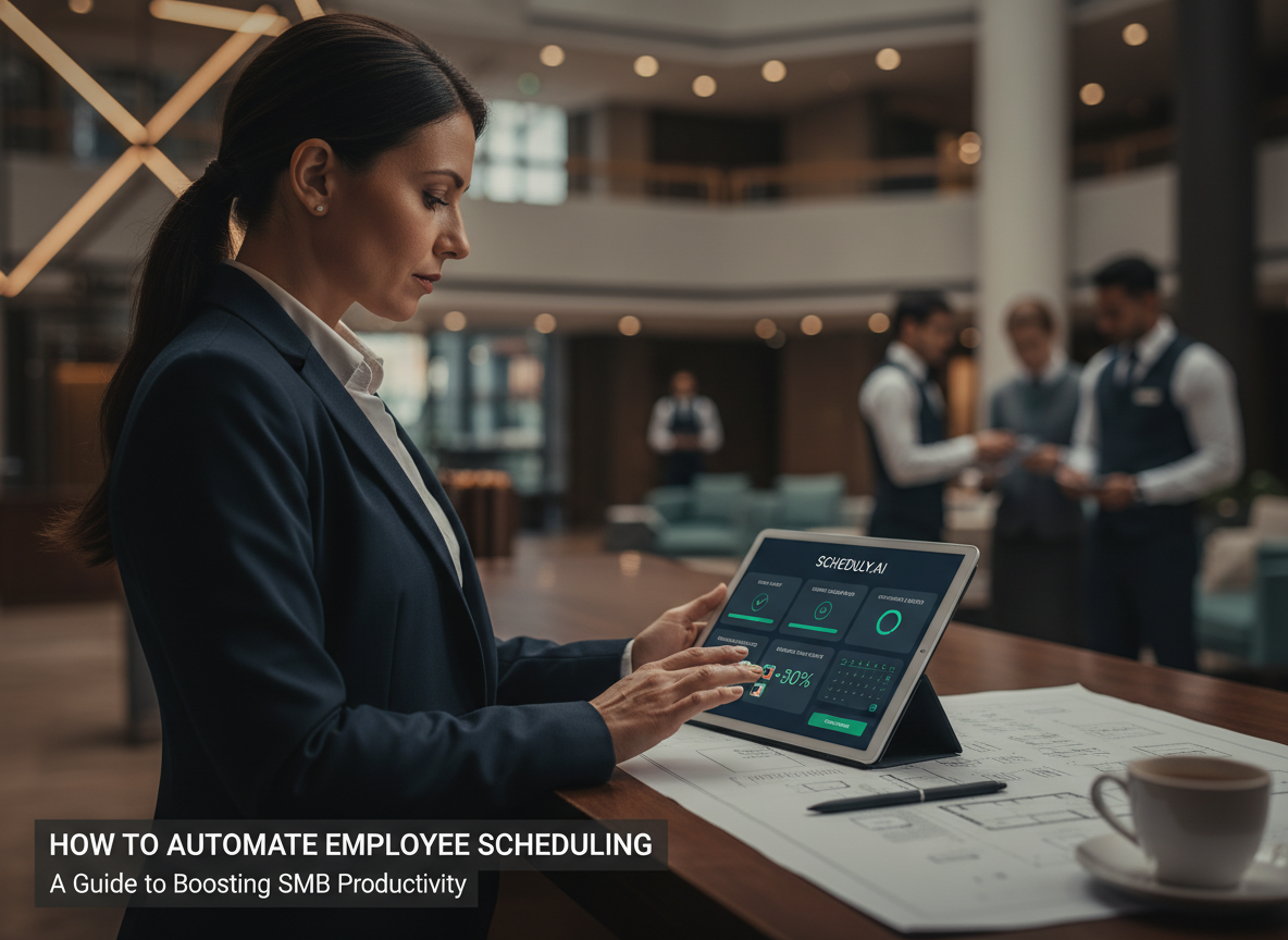 Hotel manager in action using automated scheduling on a tablet, illustrating step-by-step implementation.