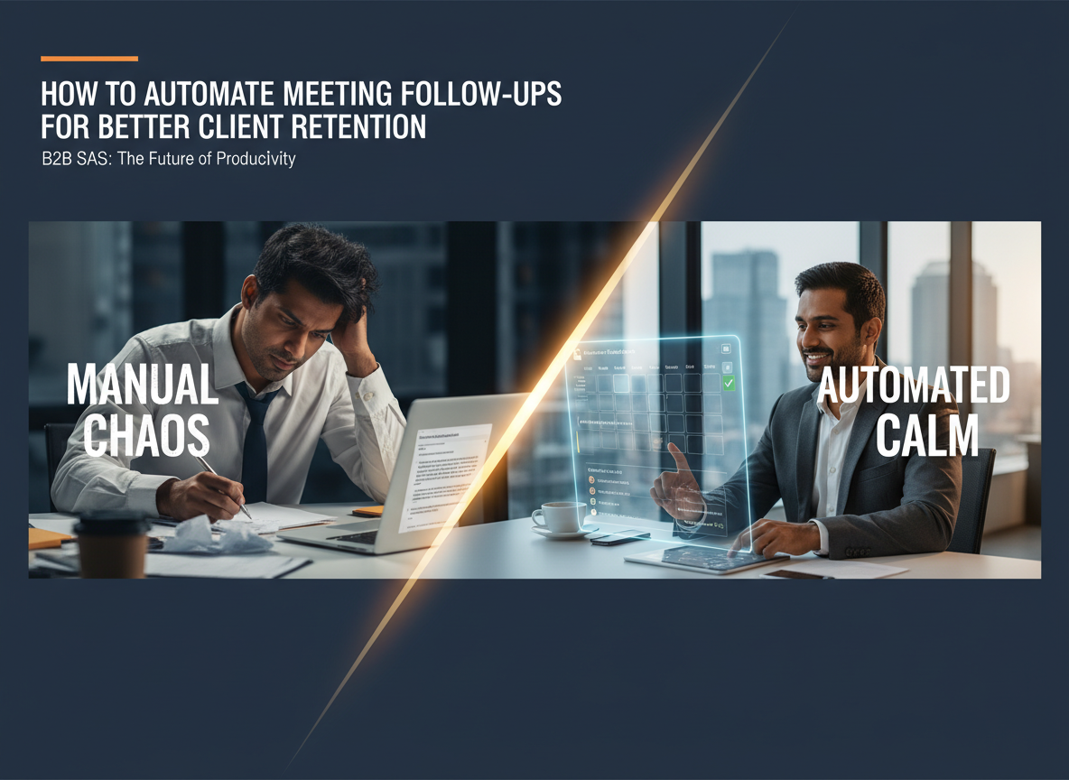 A split-screen showing a stressed professional manually writing an email on one side and calmly using a scheduling tool on the other side.