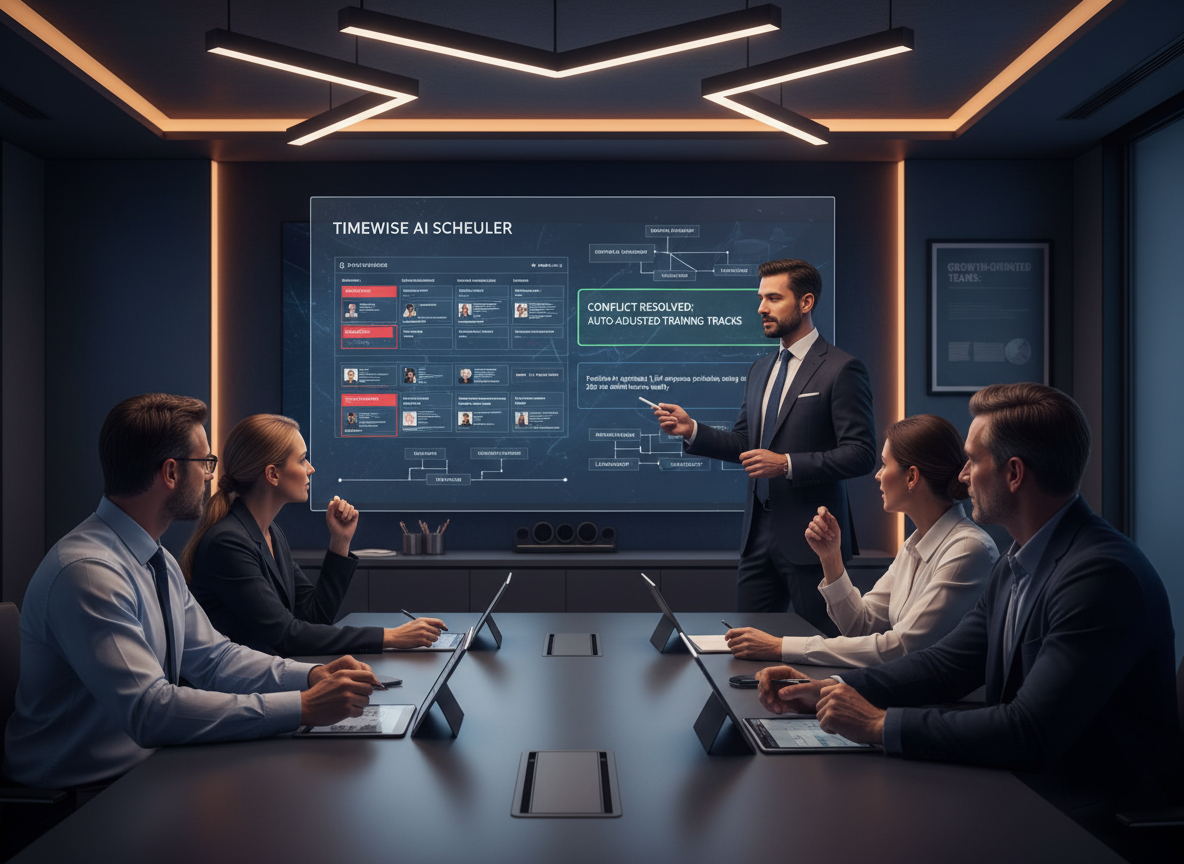 A corporate training room with employees focused on a trainer presenting a digital scheduling tool, showcasing automated conflict resolution for training programs.