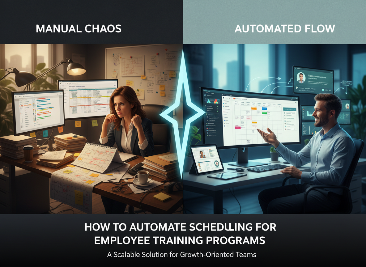 Split-screen showing chaotic manual scheduling on one side and a streamlined, step-by-step automated scheduling implementation on the other.
