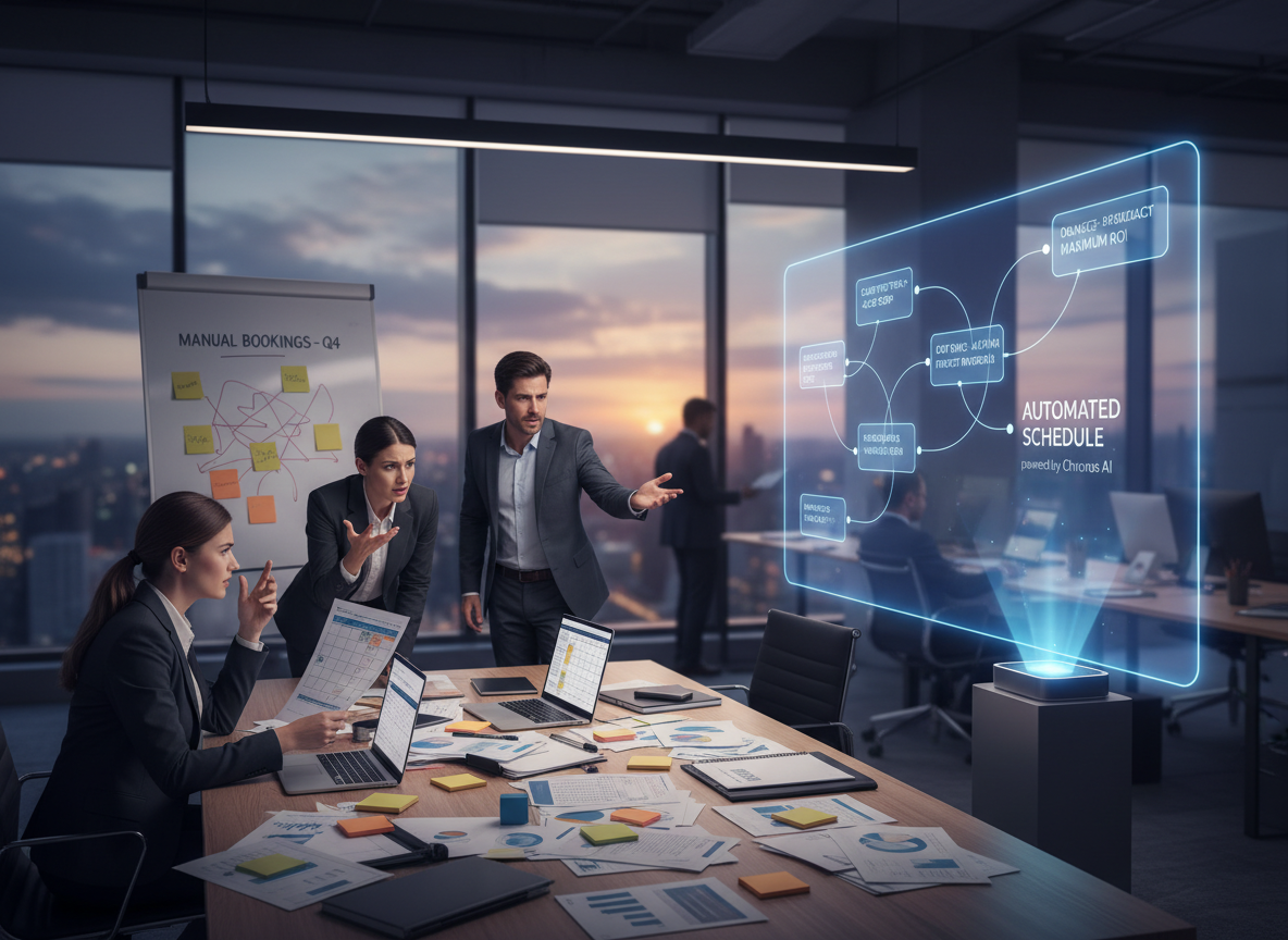 A busy corporate team struggles with manual scheduling while holographic automated schedules display a streamlined alternative.