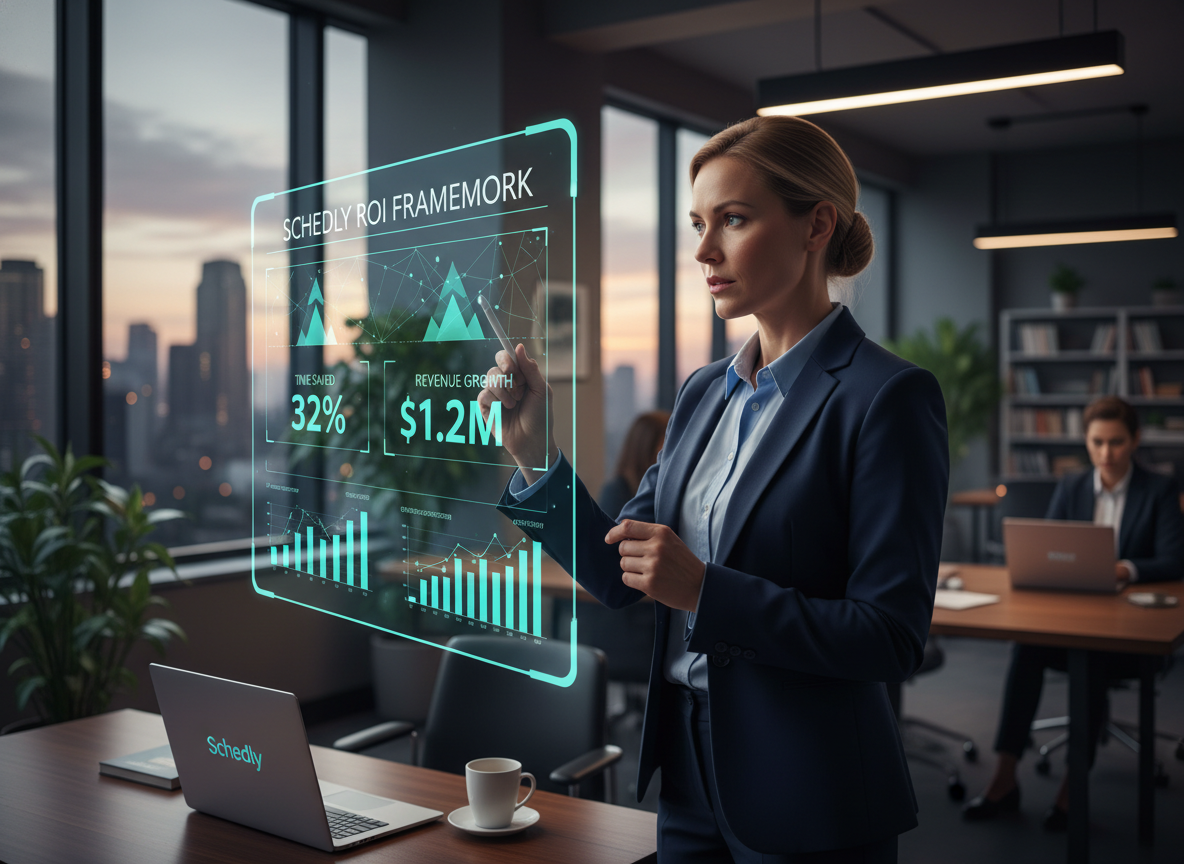 An office worker analyzes a clear ROI dashboard labeled 'Schedly ROI Framework,' featuring metrics like time saved and revenue growth.
