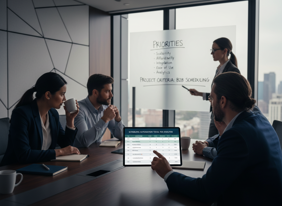 A team evaluates scheduling tools with a comparison chart on a tablet and a whiteboard listing priorities like scalability and affordability.