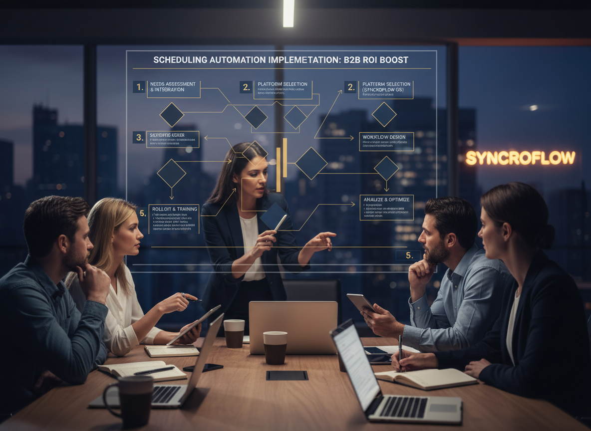 A startup team reviews a step-by-step plan for scheduling automation implementation, displayed on a digital screen with clear flowchart steps.