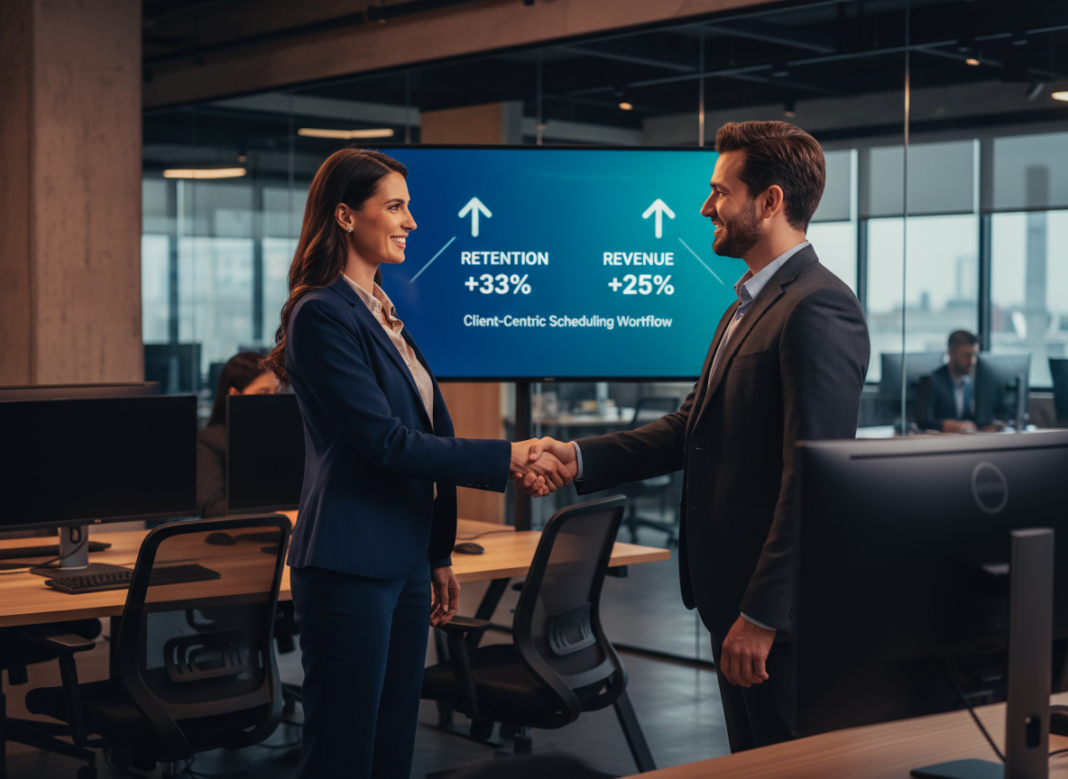 A businesswoman shaking hands with a client in a modern co-working space, with a screen in the background showing metrics like 'Retention +33%' and 'Revenue +25%'.