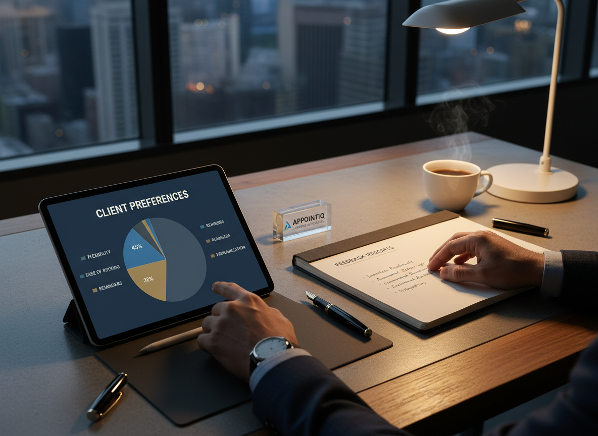 Overhead view of a desk with a tablet showing a pie chart titled 'Client Preferences' and a notepad labeled 'Feedback Insights.'
