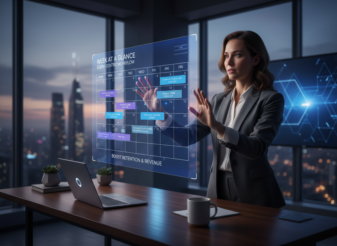 A professional interacting with a holographic scheduling interface auto-filling a week's calendar with appointments in a futuristic office.