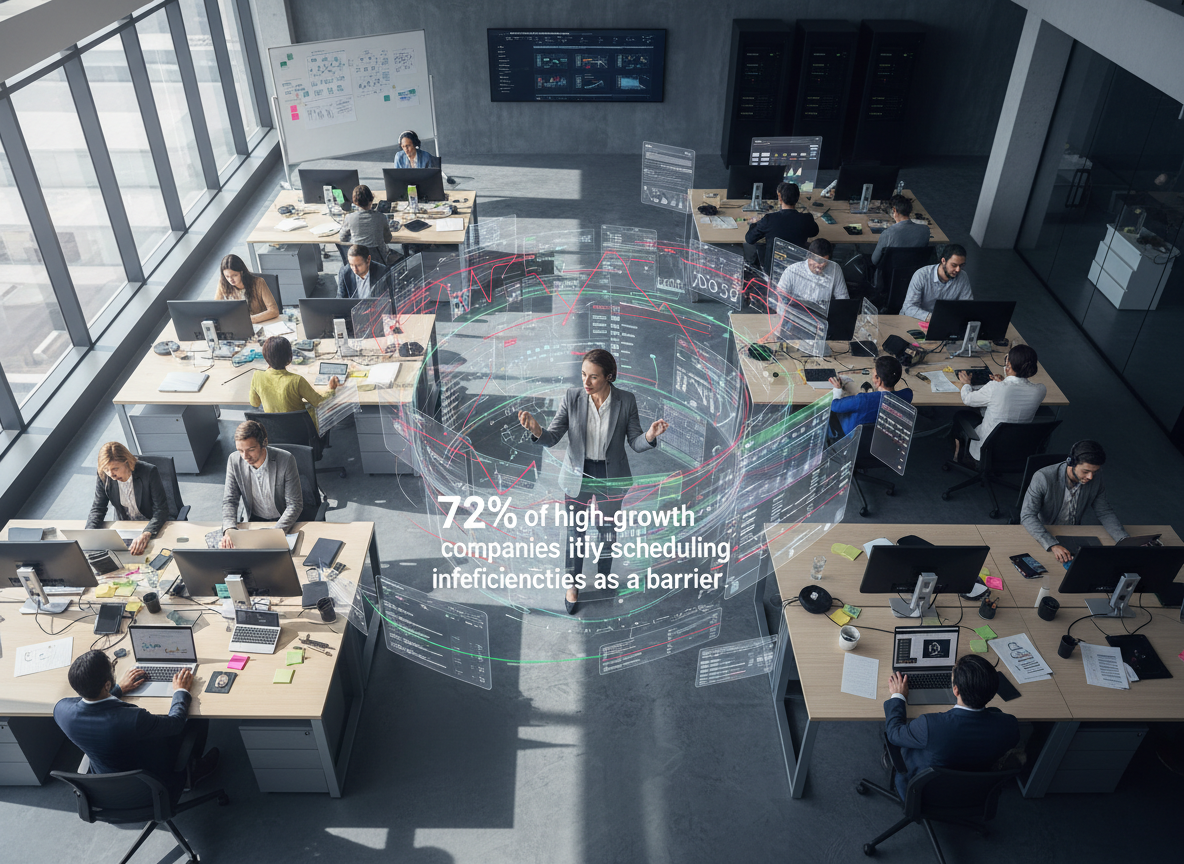 Overhead view of a busy office with a manager surrounded by holographic timelines showing scheduling conflicts, representing challenges in fast-growing teams.