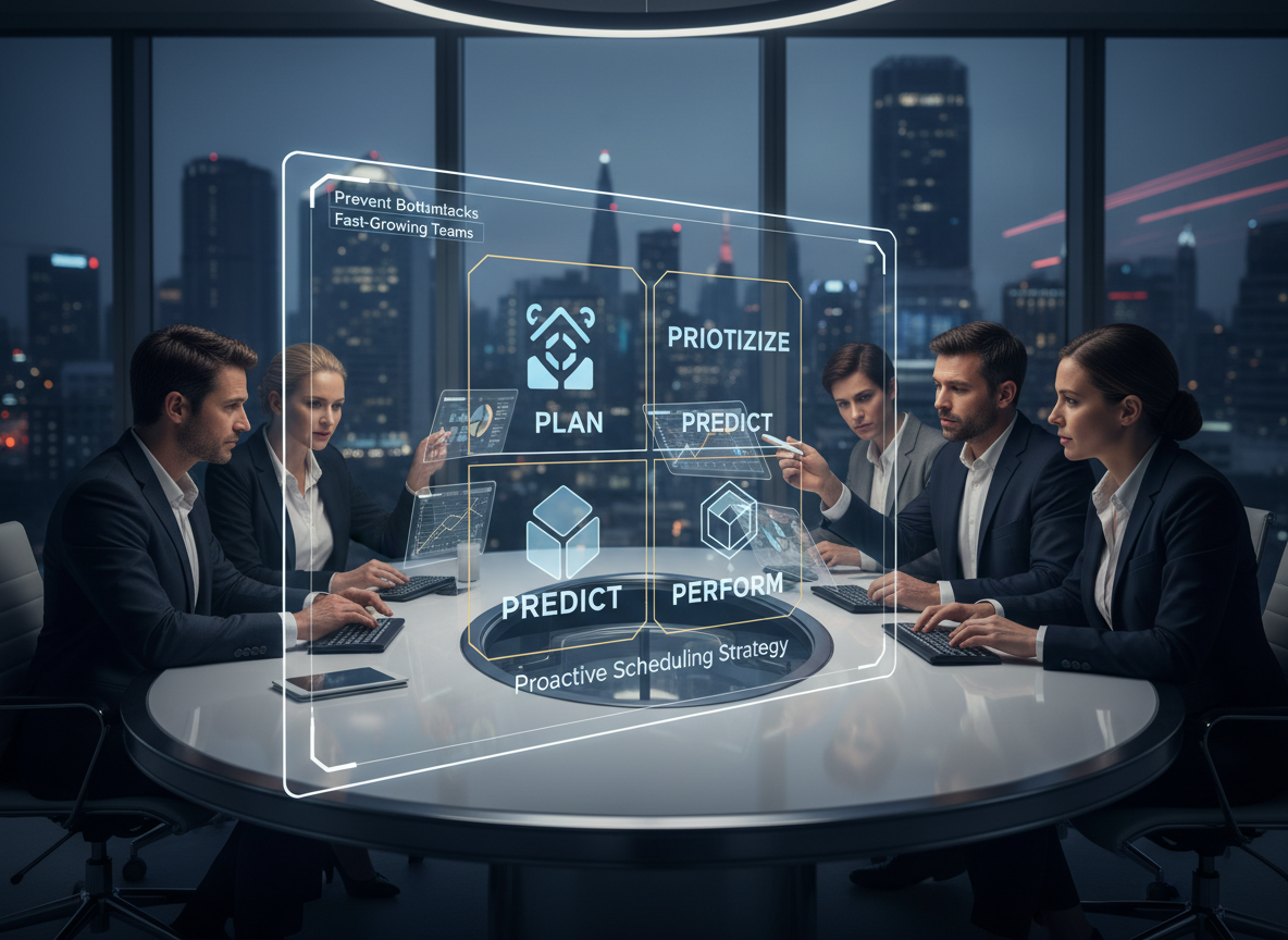 Futuristic workspace showing the 4P Strategy—Plan, Prioritize, Predict, Perform—on a digital whiteboard with a team collaborating in the background.