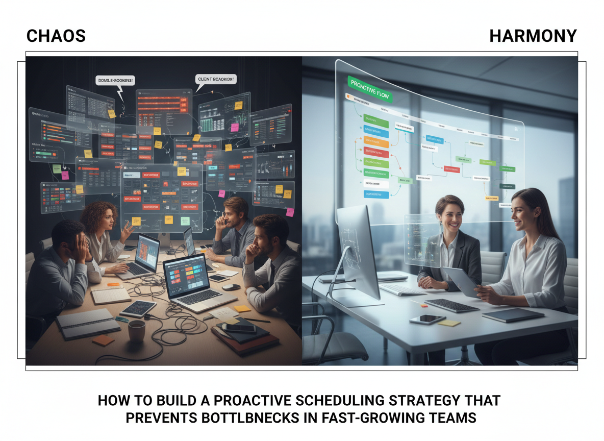 Split-screen showing chaotic overbooking on one side and streamlined, efficient scheduling on the other.