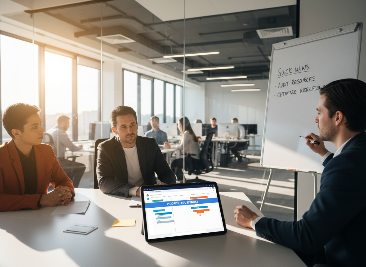 Team in a meeting room using a scheduling app and brainstorming quick wins like resource audits and workflow optimization.