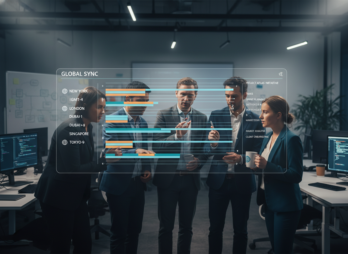 A co-working space showing diverse team members collaborating with a scheduling dashboard displaying time zones and tasks, illustrating cross-team synchronization.