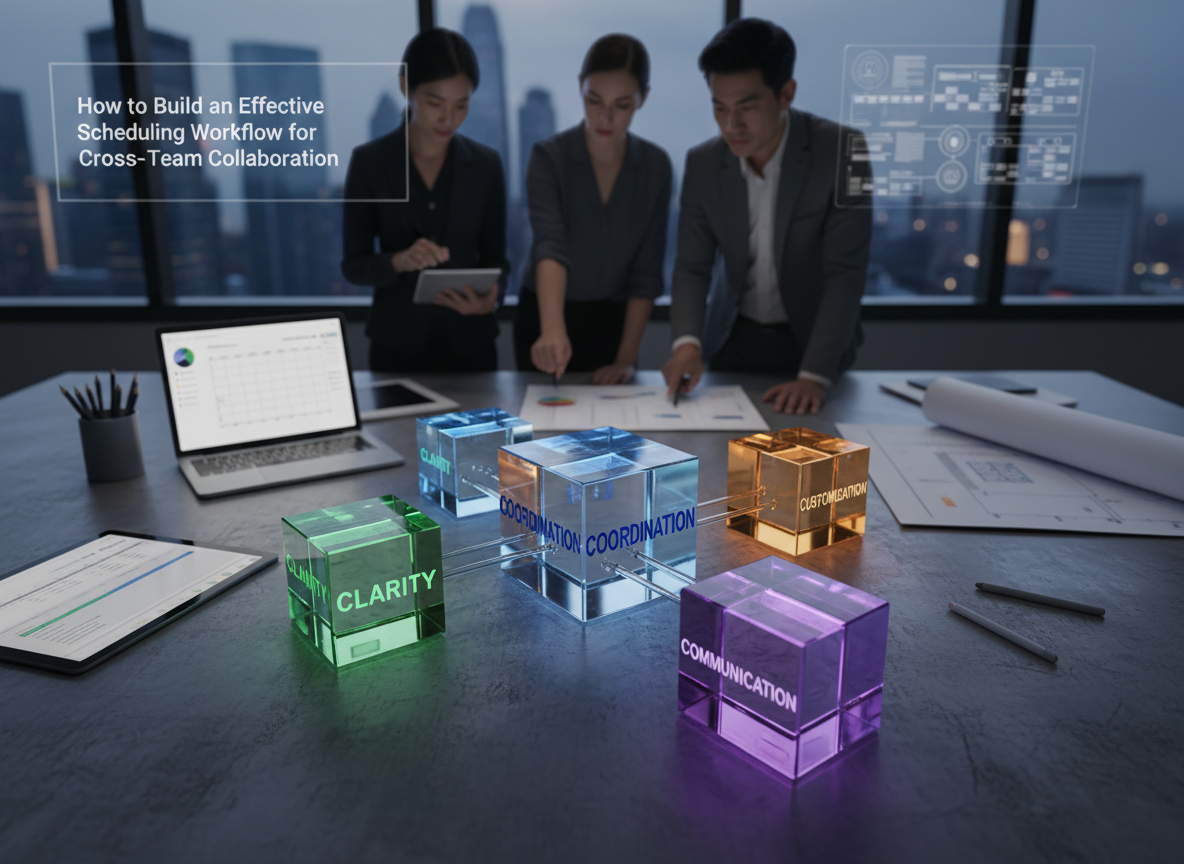 Overhead view of interconnected glass cubes labeled Clarity, Coordination, Customization, and Communication, visually representing the 4C Framework for scheduling success.