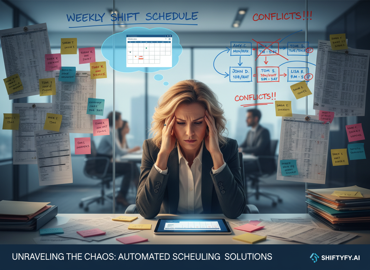 A stressed HR manager surrounded by sticky notes, printed schedules, and a whiteboard with overlapping shifts, symbolizing the chaos of manual scheduling.