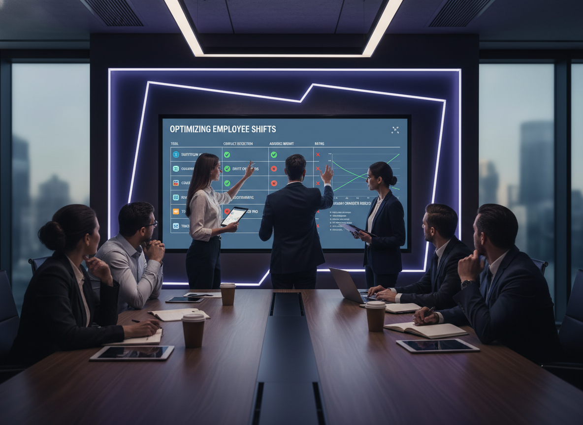 A team in a meeting room reviewing a comparison chart of scheduling tools on a touchscreen, symbolizing the process of selecting the right automation solution.