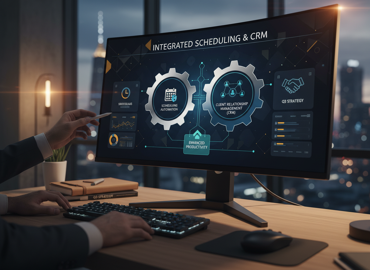 Computer monitor in tech office showing integrated scheduling and CRM dashboard with interlocking gears metaphor.