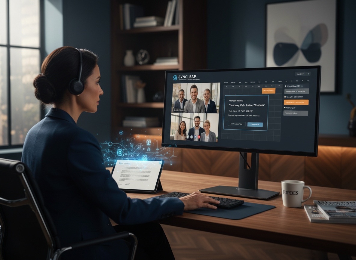 Home office setting with personalized scheduling interface on video call, highlighting client engagement.