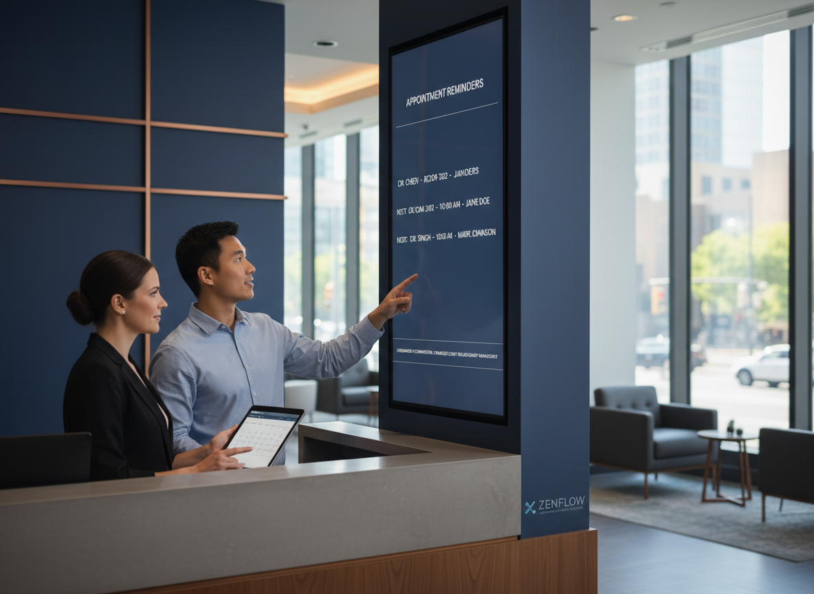 Healthcare reception with digital board showing automated scheduling updates and reminders for streamlined communication.