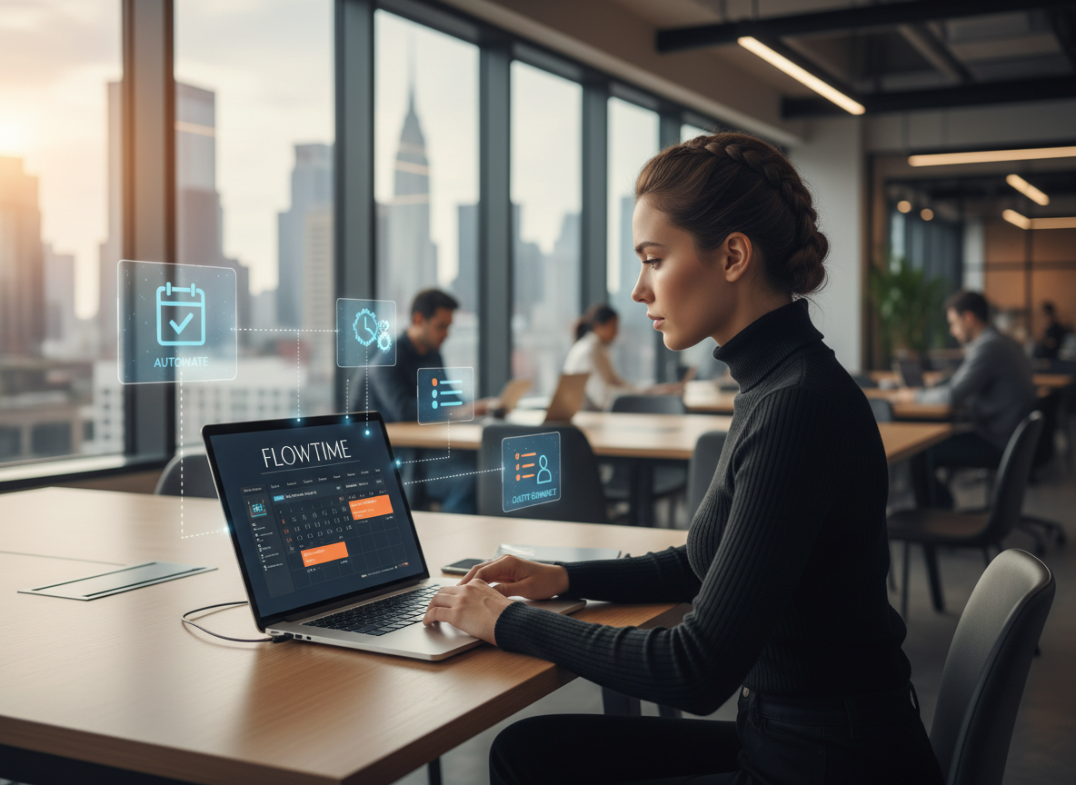 Freelancer in a co-working space using scheduling tools, with holographic icons of calendars and clocks representing automation.