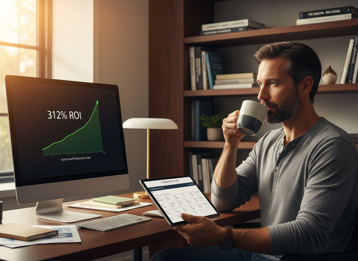 Freelancer in a home office reviewing scheduling tasks, with a graph showing ROI on a large screen.