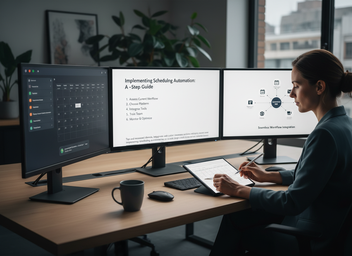 Workspace with screens displaying a step-by-step guide for scheduling automation, and a freelancer taking notes.