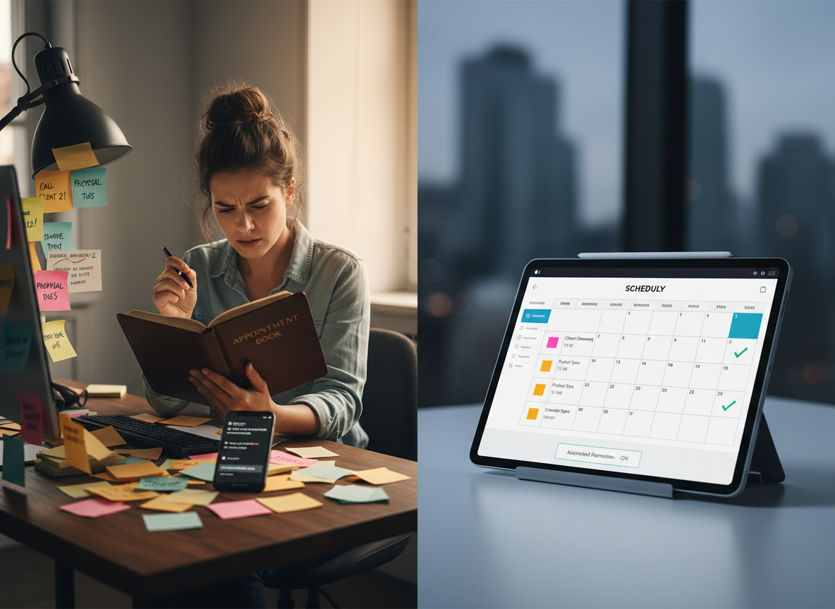 Freelancer's cluttered desk with sticky notes and a tablet showing an organized digital calendar, highlighting scheduling pitfalls.