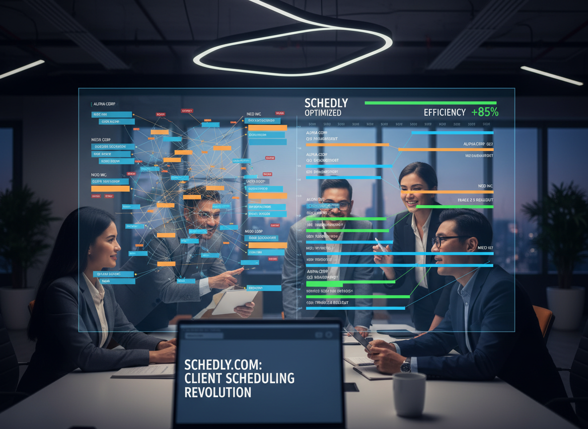 Tech startup team viewing a digital board with chaotic and organized schedules, illustrating scheduling optimization.