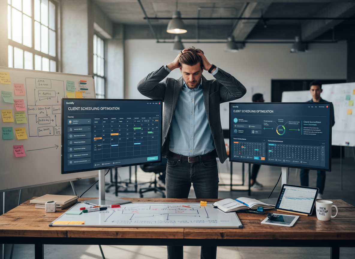 Overwhelmed project manager in a tech startup with traditional and digital scheduling tools, showing scheduling dynamics.