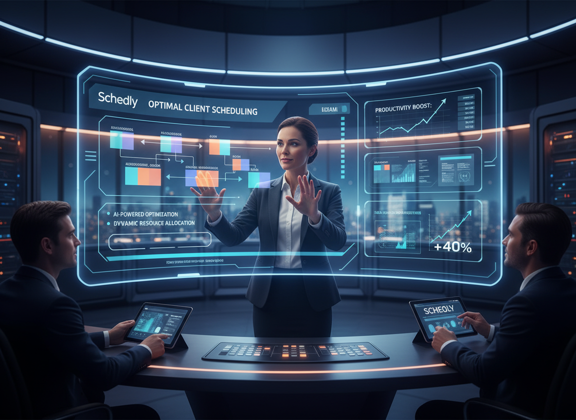 Team leader in a futuristic control room using Schedly's automated scheduling features, illustrating optimal scheduling.