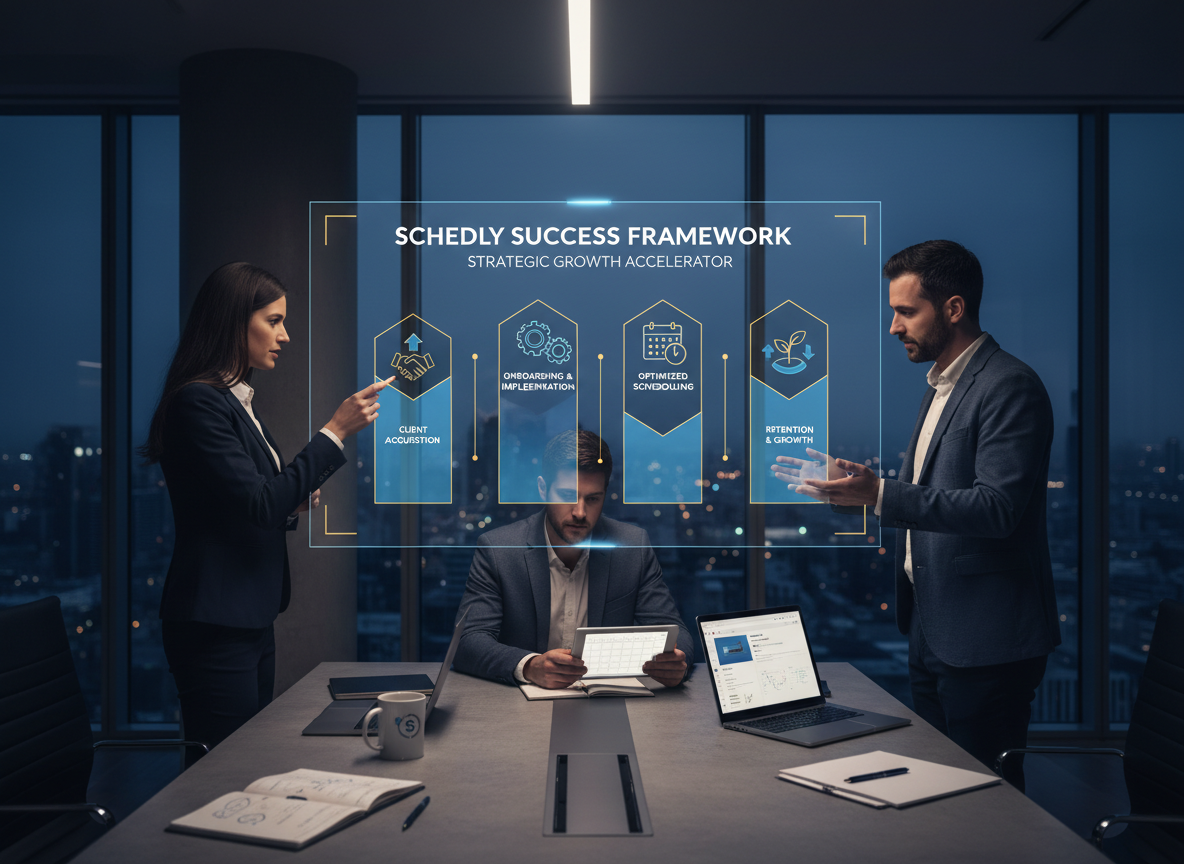 Startup executives reviewing the Schedly Success Framework with four key pillars on a screen, symbolizing strategic growth.