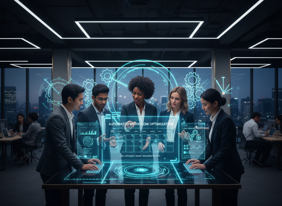Team working on a holographic calendar showing automated scheduling in a modern co-working space, symbolizing increased efficiency.