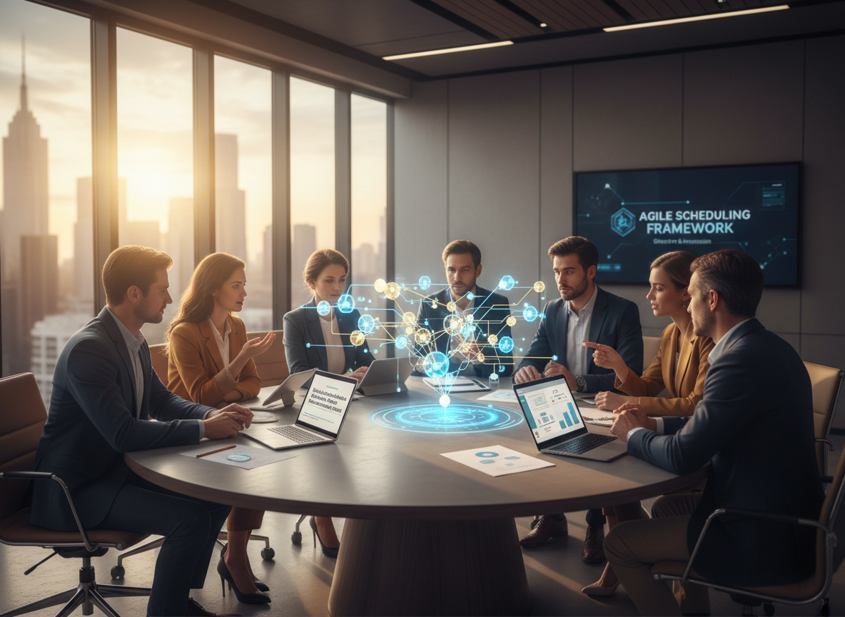 Professionals discussing the Agile Scheduling Framework around a table with a 3D model of interconnected nodes, symbolizing structure and flexibility.