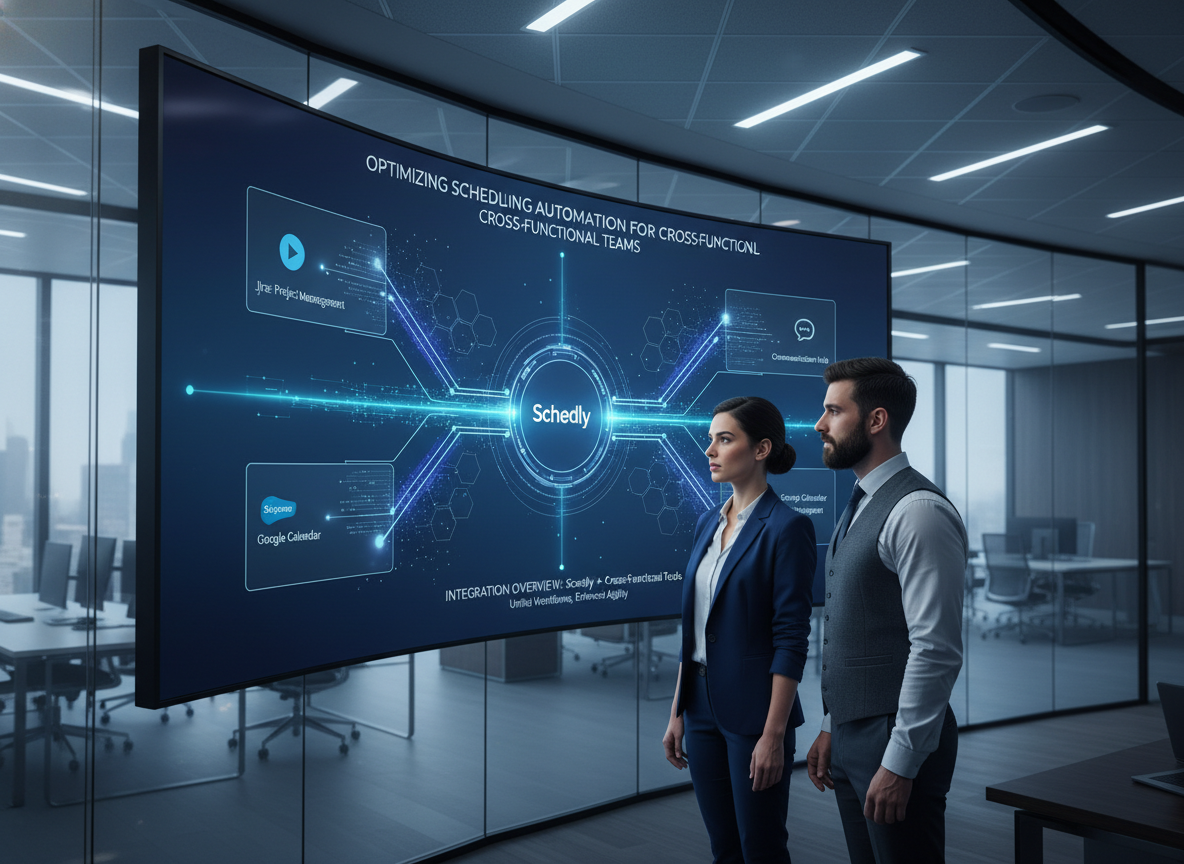 IT specialist and project manager viewing interconnected software dashboards, demonstrating the integration of Schedly with existing systems.