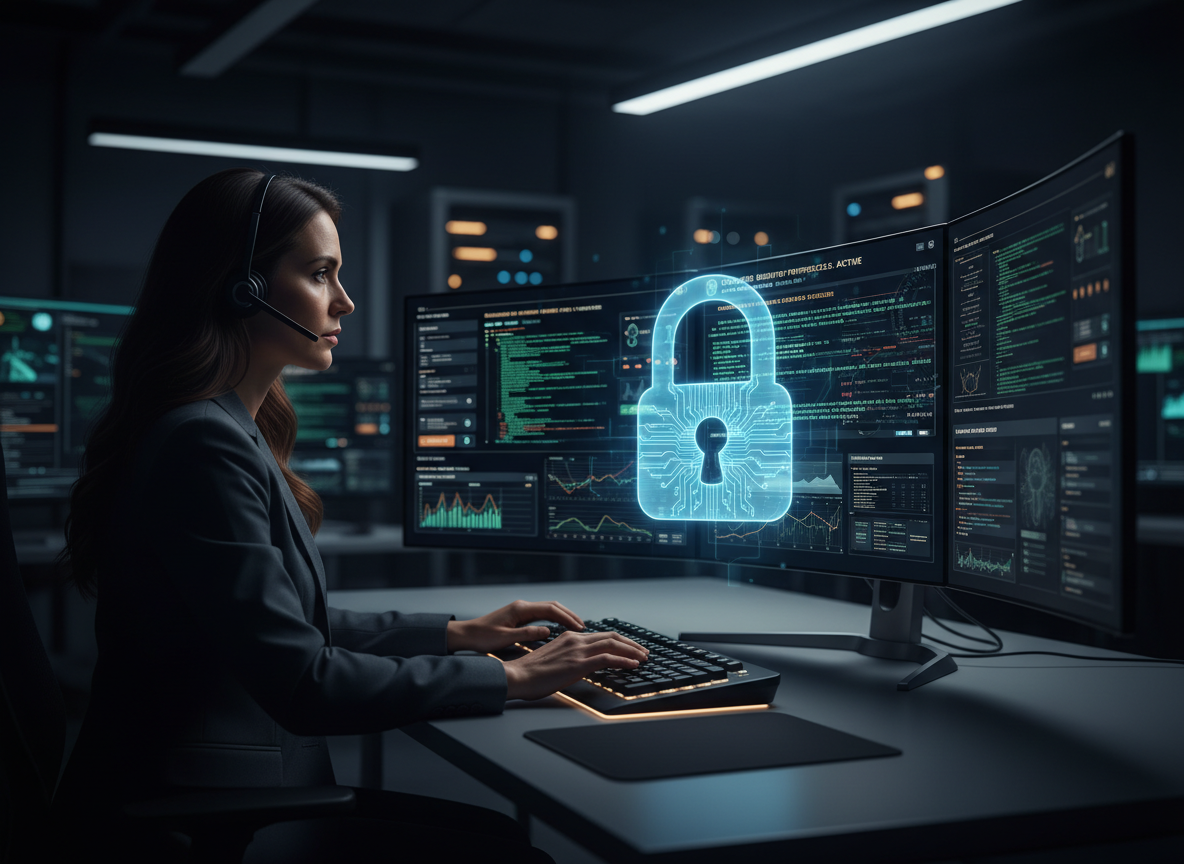 Security analyst in a cybersecurity center monitoring encrypted data streams with a lock icon, symbolizing data security and privacy.