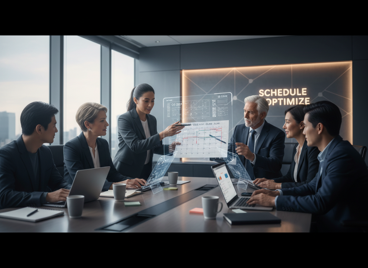 A multi-generational team collaborating around a table, showcasing varied tools like printed calendars, laptops, tablets, and holographic scheduling interfaces.