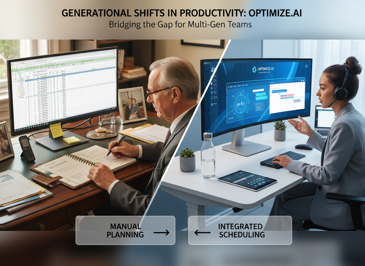 Split-screen of two office desks showing the contrasting work tools and styles of Baby Boomers and Gen Z workers, highlighting productivity gaps.