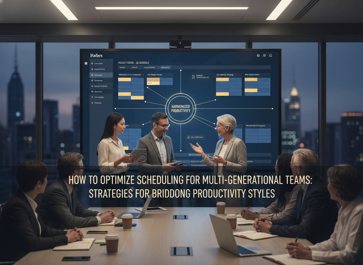 A team meeting where a scheduling platform interface is presented on a digital whiteboard, illustrating how technology connects multi-generational teams.