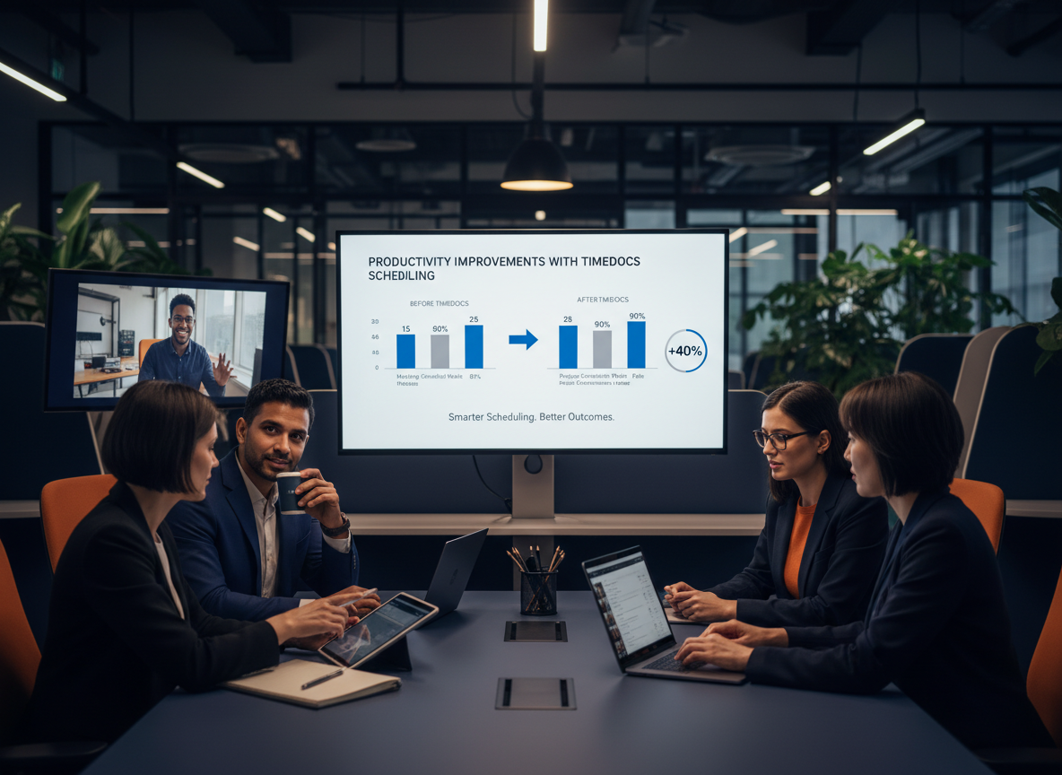 Office scene with a hybrid team working and a comparison chart on a screen showing productivity improvements after using scheduling tools.