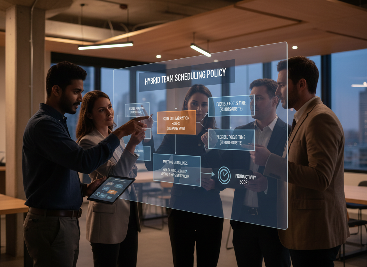 Hybrid team in a co-working space analyzing a touchscreen flowchart of their scheduling policy, highlighting core hours and meeting guidelines.