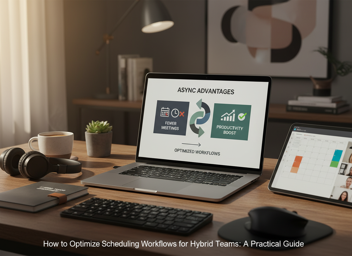 Home office desk with a laptop displaying an infographic on the benefits of asynchronous communication, emphasizing reduced meetings and productivity gains.