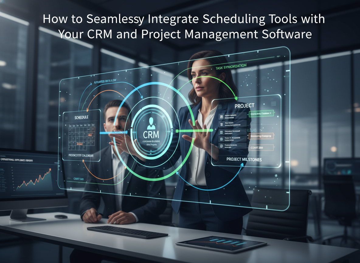 Office scene showing a team leader using integrated tools with holographic connections between CRM, scheduling software, and project management systems, highlighting operational efficiency.