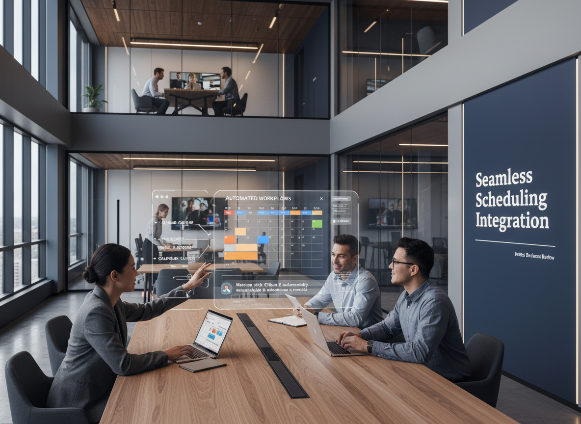 Co-working space with professionals using integrated scheduling tools, showing automation of tasks like calendar syncing and notifications.