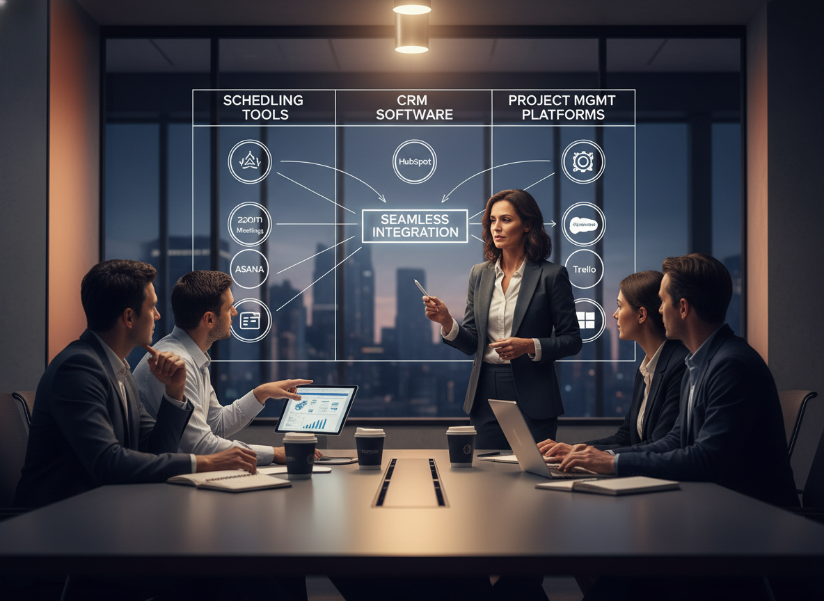 Collaborative office scene with a project manager outlining steps for integrating scheduling tools, CRM, and project management software on a whiteboard.