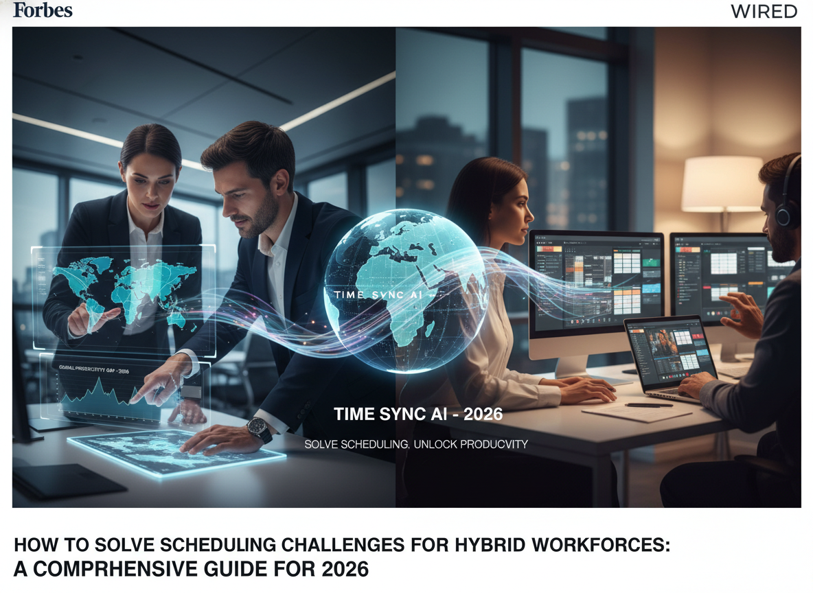 Hybrid workplace showing in-office and remote employees with a glowing digital map of global time zones, symbolizing scheduling challenges.